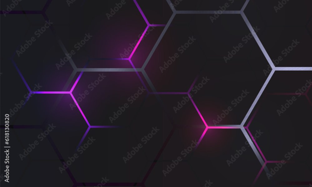 Dark hexagon gaming abstract vector background with purple colored bright flashes. Vector illustration Dark hexagon gaming abstract vector background with purple colored bright flashes. Vector illustration