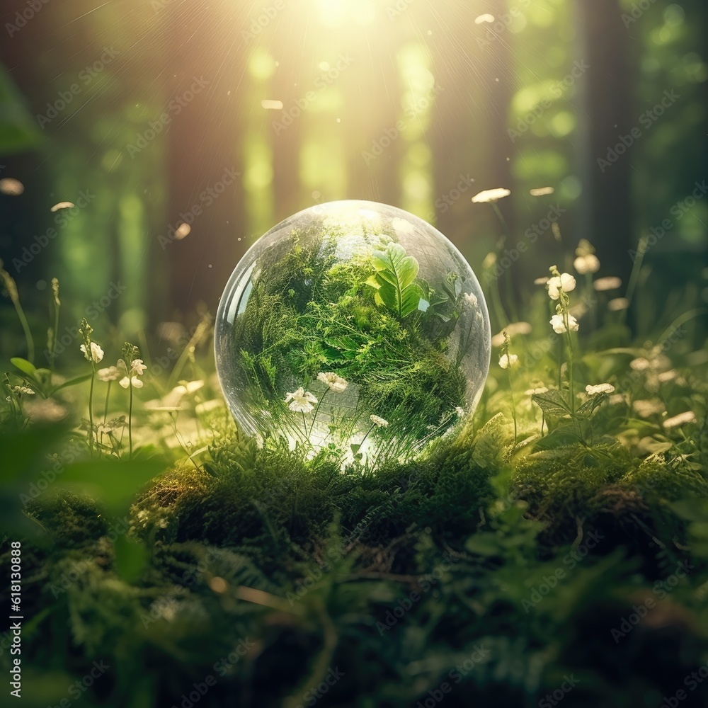 Glass sphere in the forest, grass and sun
