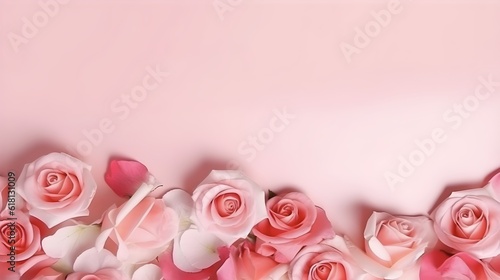 Beautiful pink and white roses on a pink background with copy space. Generative ai