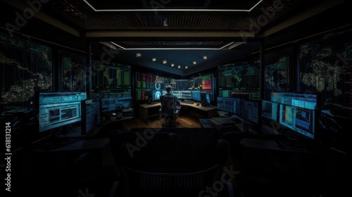 Luxurious Mansion of a Successful Trader Displaying Multiple Trading Screens Showcasing Divergences - Generative AI Illustration photo