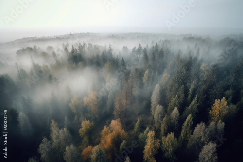 Aerial view of a misty forest in a foggy day. Generative AI.