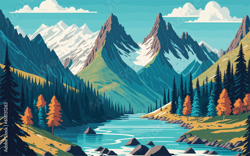 vector background illustration depicting a majestic mountain range with snow-capped peaks, lush forests, and a winding river. natural landscape, targeting outdoor adventure companies, travel agencies