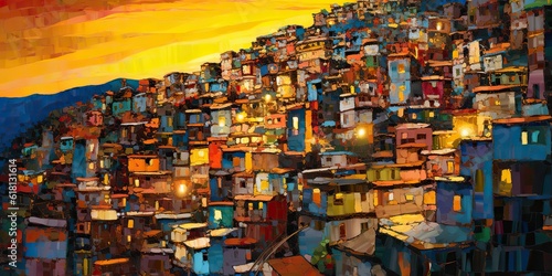 AI Generated. AI Generative. Brazil Rio Favela city urban town poor house building color landscape. Adventure travel draw paint art vibe. Graphic Art