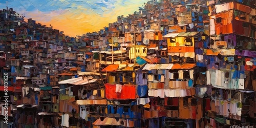 AI Generated. AI Generative. Brazil Rio Favela city urban town poor house building color landscape. Adventure travel draw paint art vibe. Graphic Art © AkimD