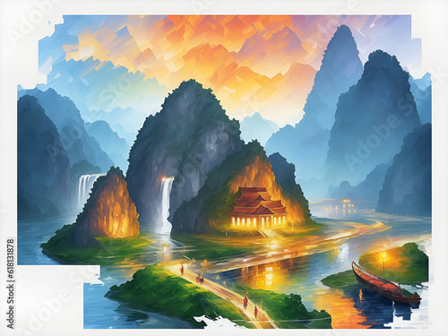 Ninh Binh watercolor landscape. AI generated illustration
