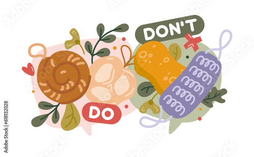 Illustration ecological alternative to the usual things, do and do not do bathroom accessories, sponges and washcloths comparison