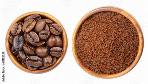 Roasted coffee beans and coffee powder (ground coffee) in wooden bowl isolated on white background. Top view. Flat lay.