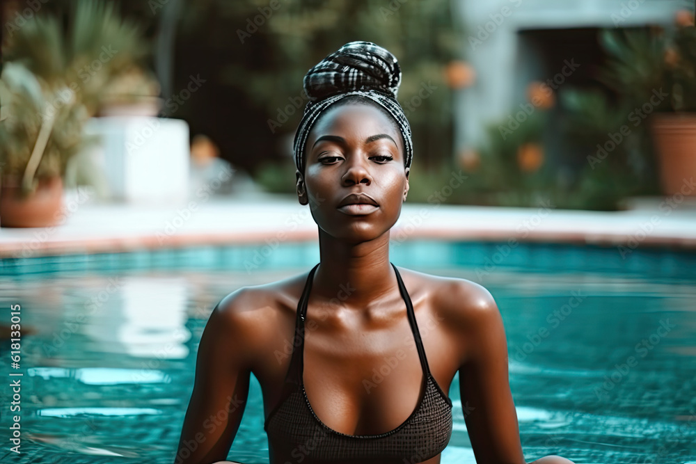 African Black healthy woman doing yoga at outdoor pool