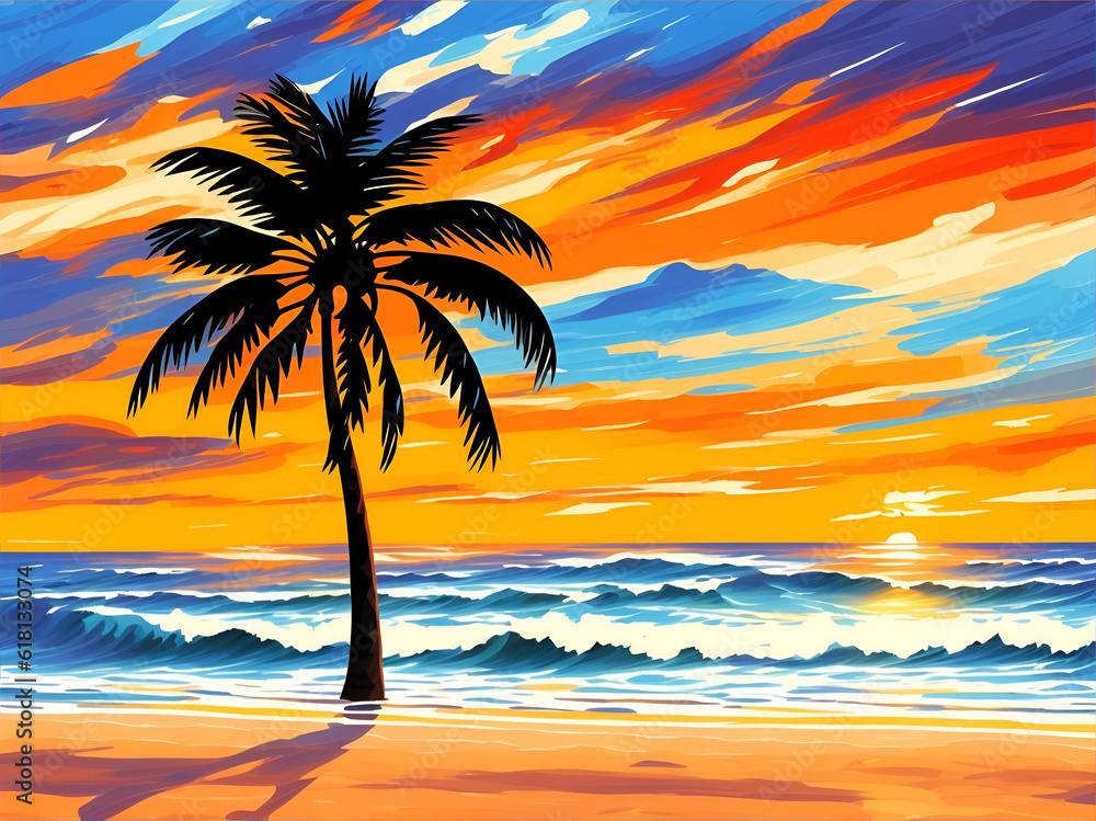 Cartoon Pacific beach sunset. AI generated illustration