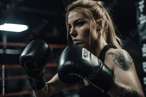 Female Boxer Punching Focus Pads in a Boxing Ring: A Display of Strength and Determination © Soroosh
