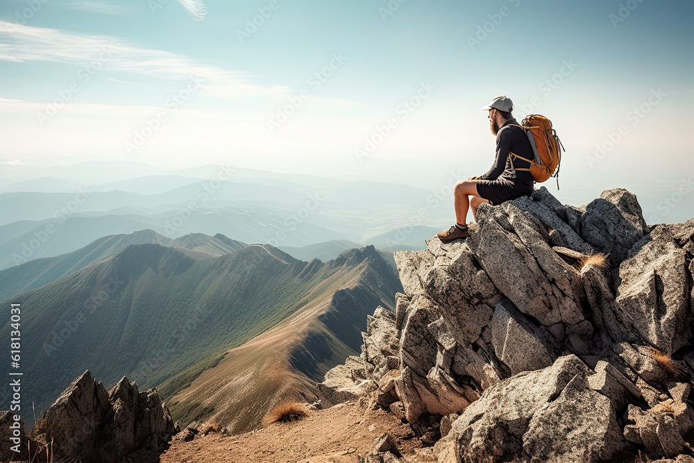 The Pinnacle Moment: A Hiker on Top of the Mountain