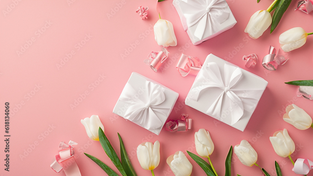 Mothers Day decorations concept. Top view photo of trendy gift boxes with ribbon bows and tulips on isolated pastel pink background with copyspace Mothers Day decorations concept. Top view photo of trendy gift boxes with ribbon bows and tulips on isolated pastel pink background with copyspace