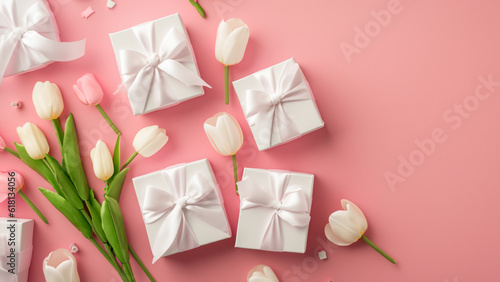 Mothers Day decorations concept. Top view photo of trendy gift boxes with ribbon bows and tulips on isolated pastel pink background with copyspace © Roberto Sorin