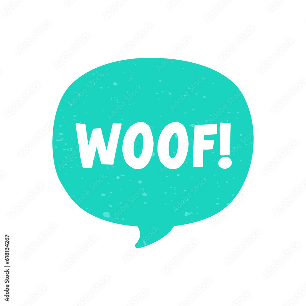 Woof! text in a speech bubble balloon digital sticker design. Cute cartoon comics dog bark sound effect and lettering. Textured vector illustration. Woof! text in a speech bubble balloon digital sticker design. Cute cartoon comics dog bark sound effect and lettering. Textured vector illustration.