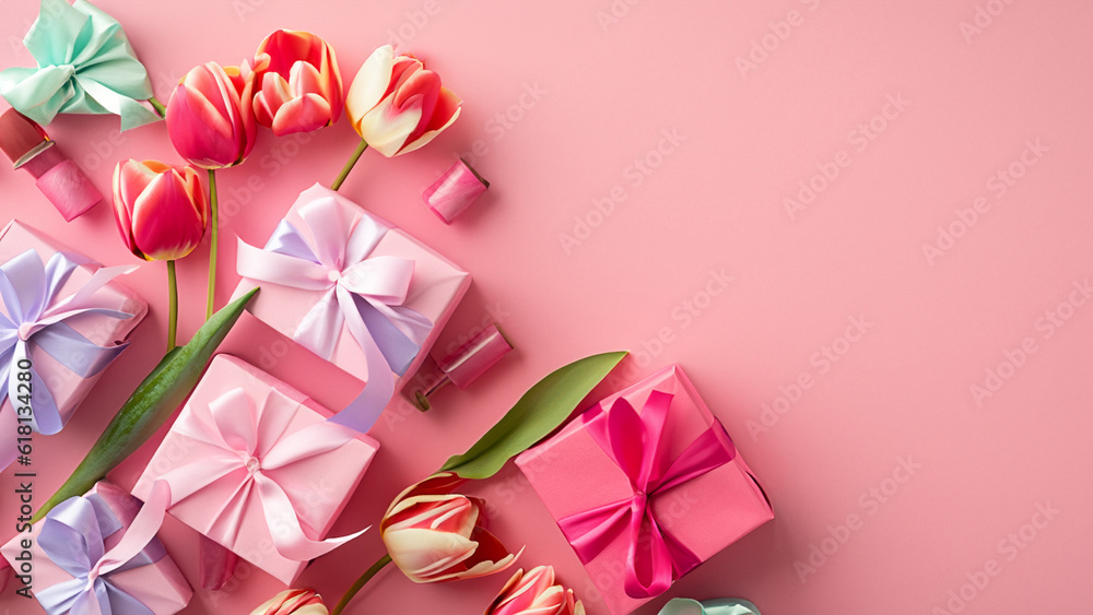 Mothers Day decorations concept. Top view photo of trendy gift boxes with ribbon bows and tulips on isolated pastel pink background with copyspace Mothers Day decorations concept. Top view photo of trendy gift boxes with ribbon bows and tulips on isolated pastel pink background with copyspace