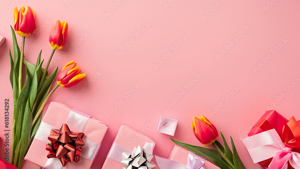 Mothers Day decorations concept. Top view photo of trendy gift boxes with ribbon bows and tulips on isolated pastel pink background with copyspace Mothers Day decorations concept. Top view photo of trendy gift boxes with ribbon bows and tulips on isolated pastel pink background with copyspace