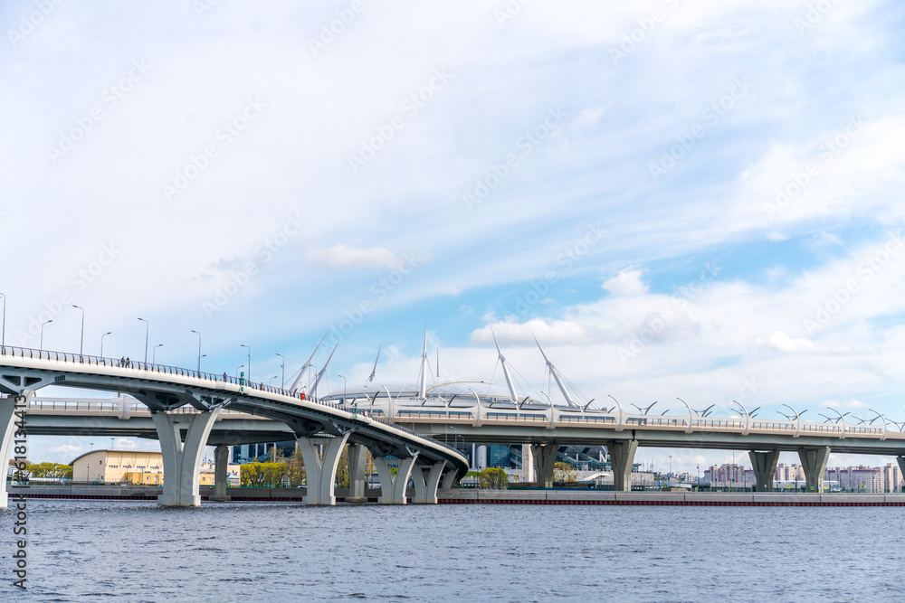 big bridge across the river, beautiful architecture of a modern bridge on a sunny day, St. Petersburg