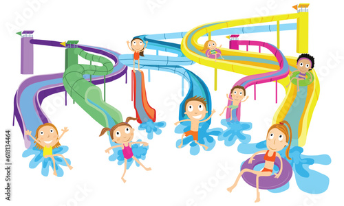 Vector illustration of water park with people riding slide, spiral pipe and tube. Summer aqua park.