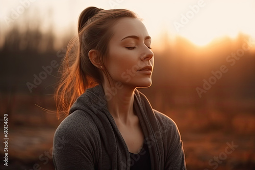 Young fitness woman practicing calming breathing exercises during a yoga session in the serene and beautiful silence of nature