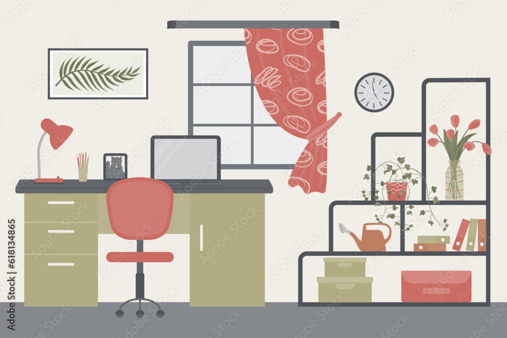 Interior design of an office with furniture: a desk, a computer chair, shelves, a picture on the wall, indoor plants, a watering can, fresh flowers in a glass vase, storage boxes, folders,clock. Interior design of an office with furniture: a desk, a computer chair, shelves, a picture on the wall, indoor plants, a watering can, fresh flowers in a glass vase, storage boxes, folders,clock.