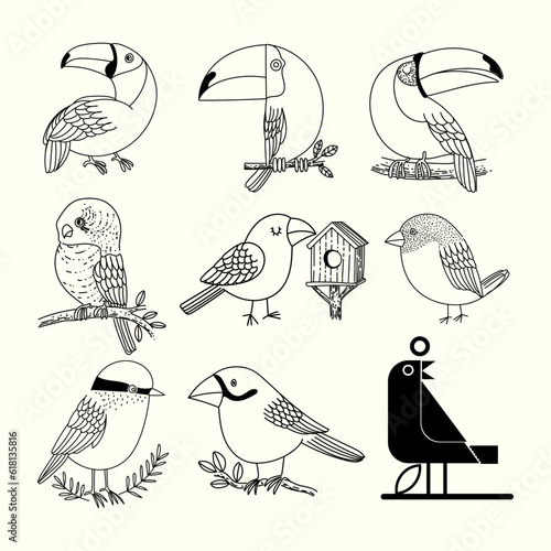 Set of various birds drawing icon character collection vector illustration. Isolated on white background.