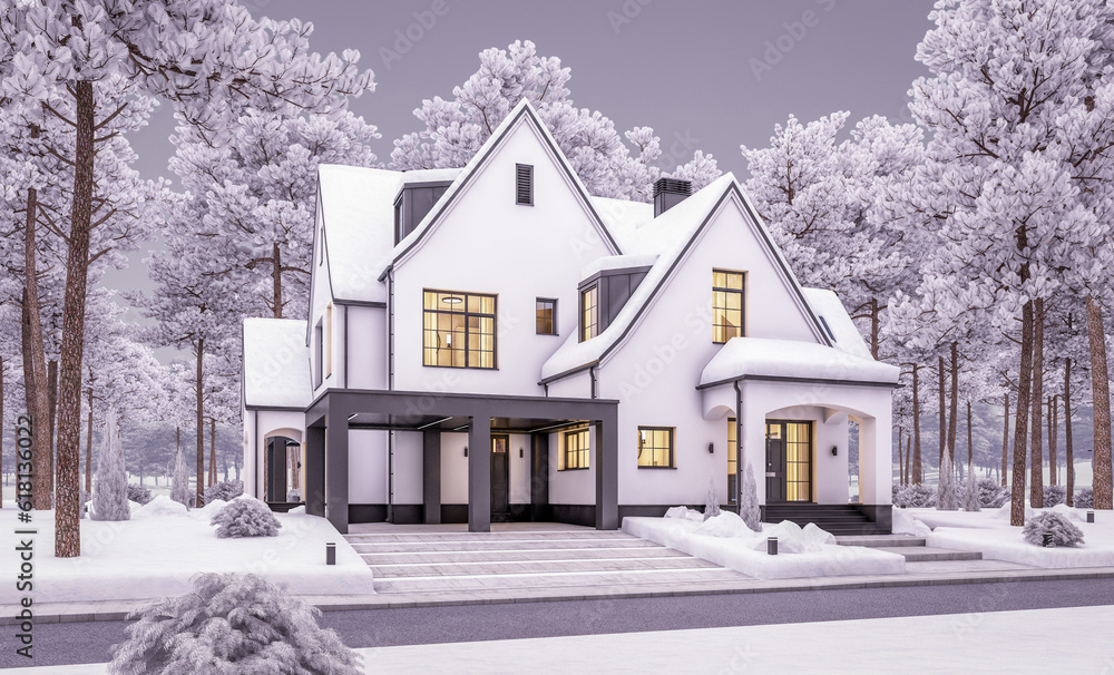 3d rendering of cute cozy white and black modern Tudor style house with parking and pool for sale or rent with beautiful landscaping. Cool winter evening with cozy light from windows 3d rendering of cute cozy white and black modern Tudor style house with parking and pool for sale or rent with beautiful landscaping. Cool winter evening with cozy light from windows