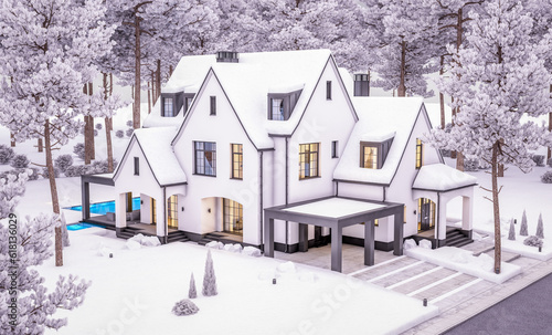 3d rendering of cute cozy white and black modern Tudor style house with parking  and pool for sale or rent with beautiful landscaping. Cool winter evening with cozy light from windows © korisbo