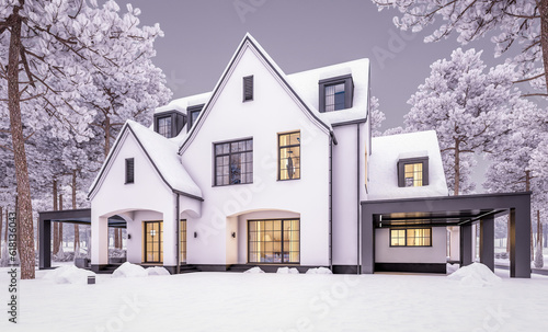 3d rendering of cute cozy white and black modern Tudor style house with parking and pool for sale or rent with beautiful landscaping. Cool winter evening with cozy light from windows