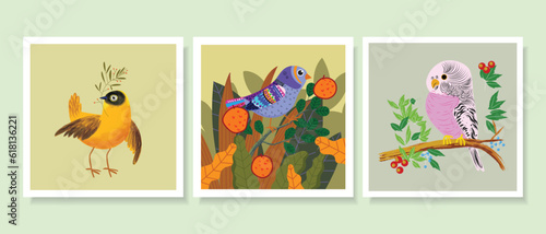 Set of exotic tropical birds on tree, branch, forest hand drawn vector illustration background.