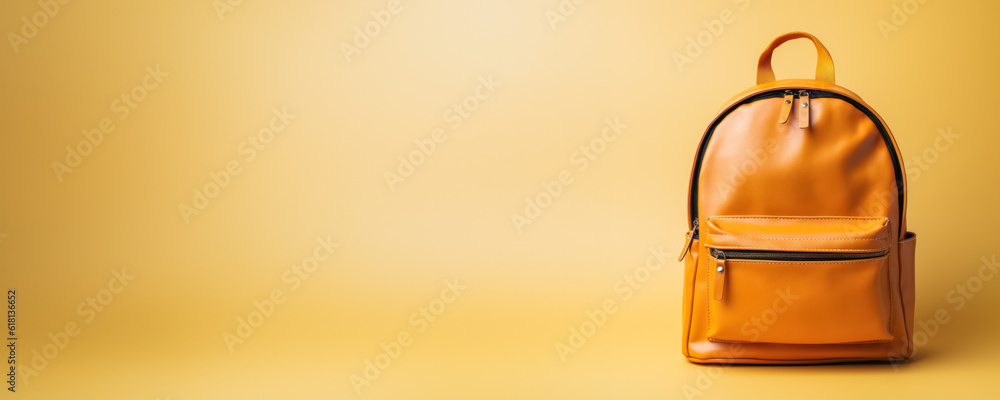 Back to school background with a yellow backpack isolated on background with a place for text