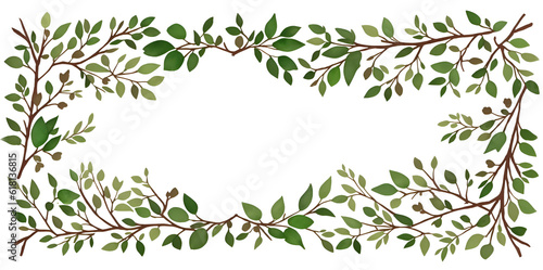 Green twigs and leaves on a white background. Place for text.