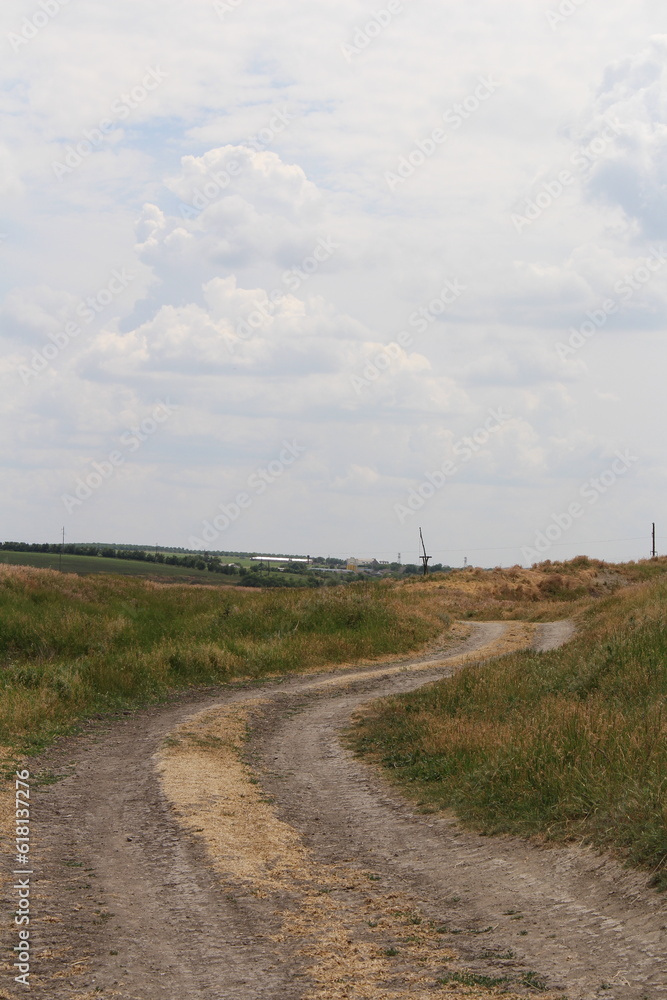 A dirt road with grass and a cloudy sky