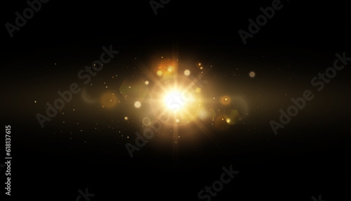Bright light effect with rays and glare shines with golden light for vector illustration.	
