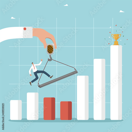 Strategy and methods for increasing income and profits during economic downturn or crisis, analyzing and predicting changes in business and market, big hand like crane helps a man jump over the chart.