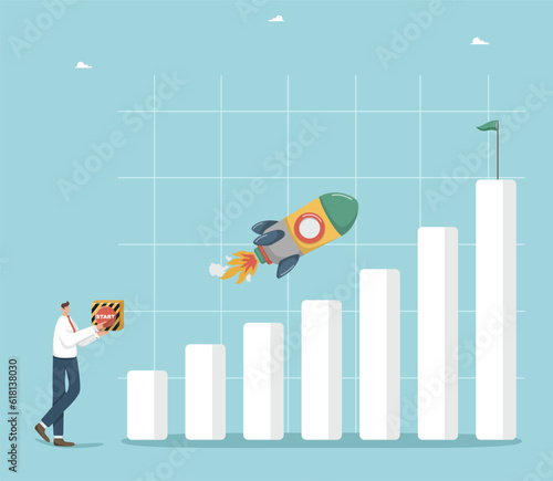 Financial and economic growth, income and profit growth, salary increase, rapid career climb, win a prize or bonus, businessman presses the start button and the rocket takes off on the chart growth.