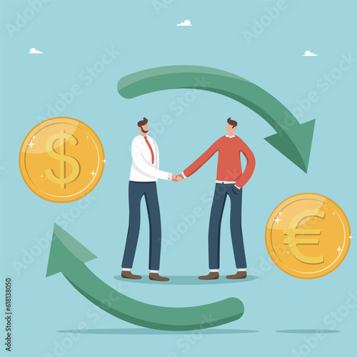 Money transfer, currency exchange, international companies for making currency transfers, dollar to euro conversion, account transactions, two businessmen shaking hands and exchanging currency.