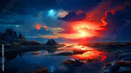 Majestic orange sunset view over the mountains - ai generative © DesiArt