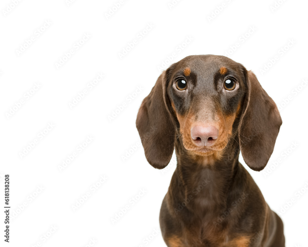 Dachshund dog portrait close up isolated on white background copy space