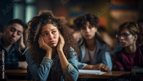 Education And Learning Concept. Portrait of tired and bored student sitting at desk in classroom at school, dreaming and thinking, looking away at window, resting head on hand. Female teenager