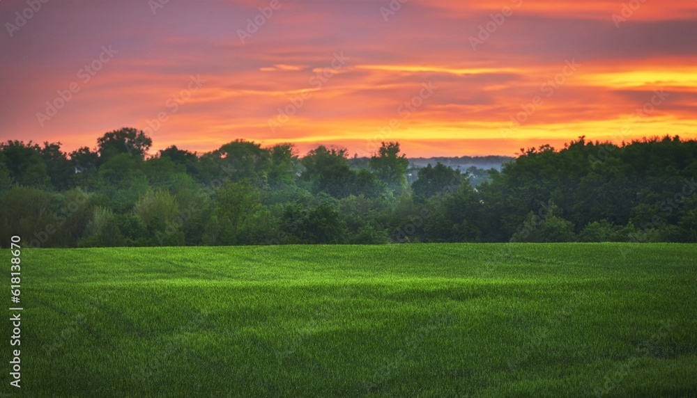 Green wheat field with a beautiful morning sky and a technological track. Treatment of wheat fields with herbicides. Concept of farming. Green wheat field with a beautiful morning sky and a technological track. Treatment of wheat fields with herbicides. Concept of farming.
