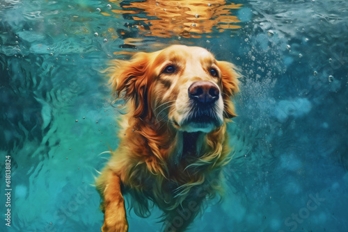 underwater dog funny pool water puppy swimming snorkeling vacation fun. Generative AI. © VICHIZH