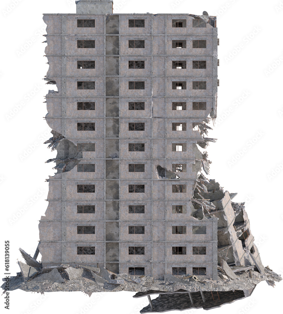 destroyed bombed building 3d render isolated