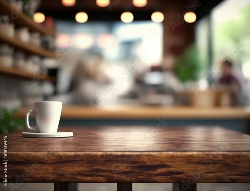Wooden empty top table with blur cafe view. Tabletop with mug and bokeh of coffee house on background. Generative AI 