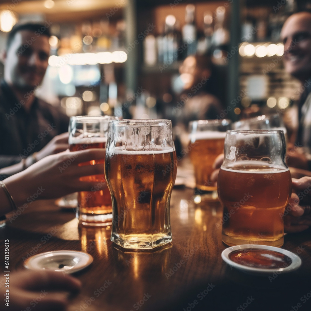 Group of friends drinking and toasting glass of beer at brewery pub restaurant AI generated