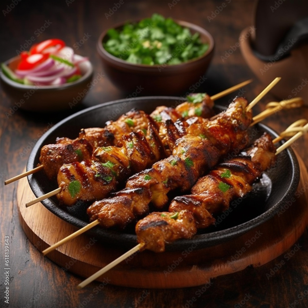 Grilled meat skewers, shish kebab on black background, AI generated