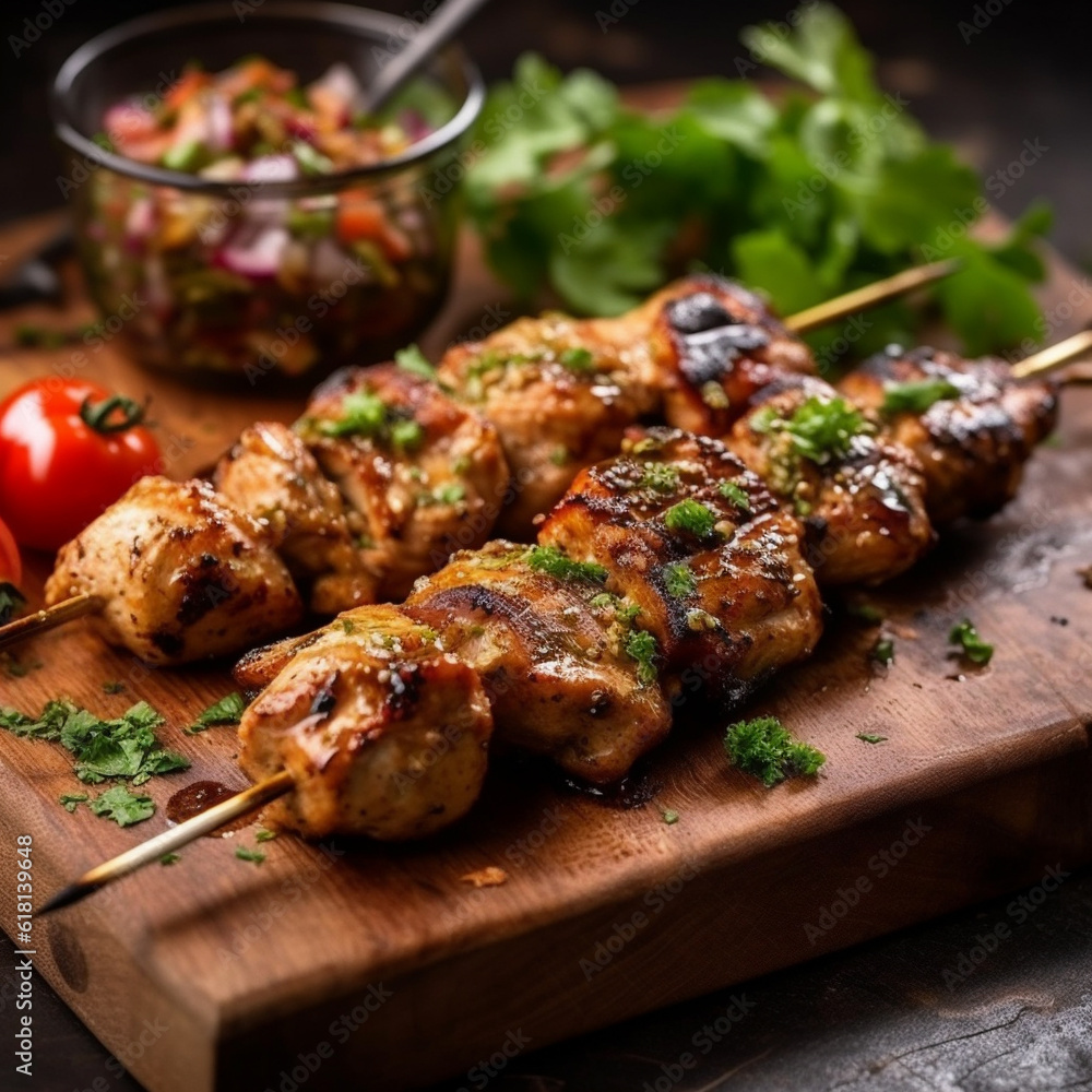 Grilled meat skewers, shish kebab on black background, AI generated