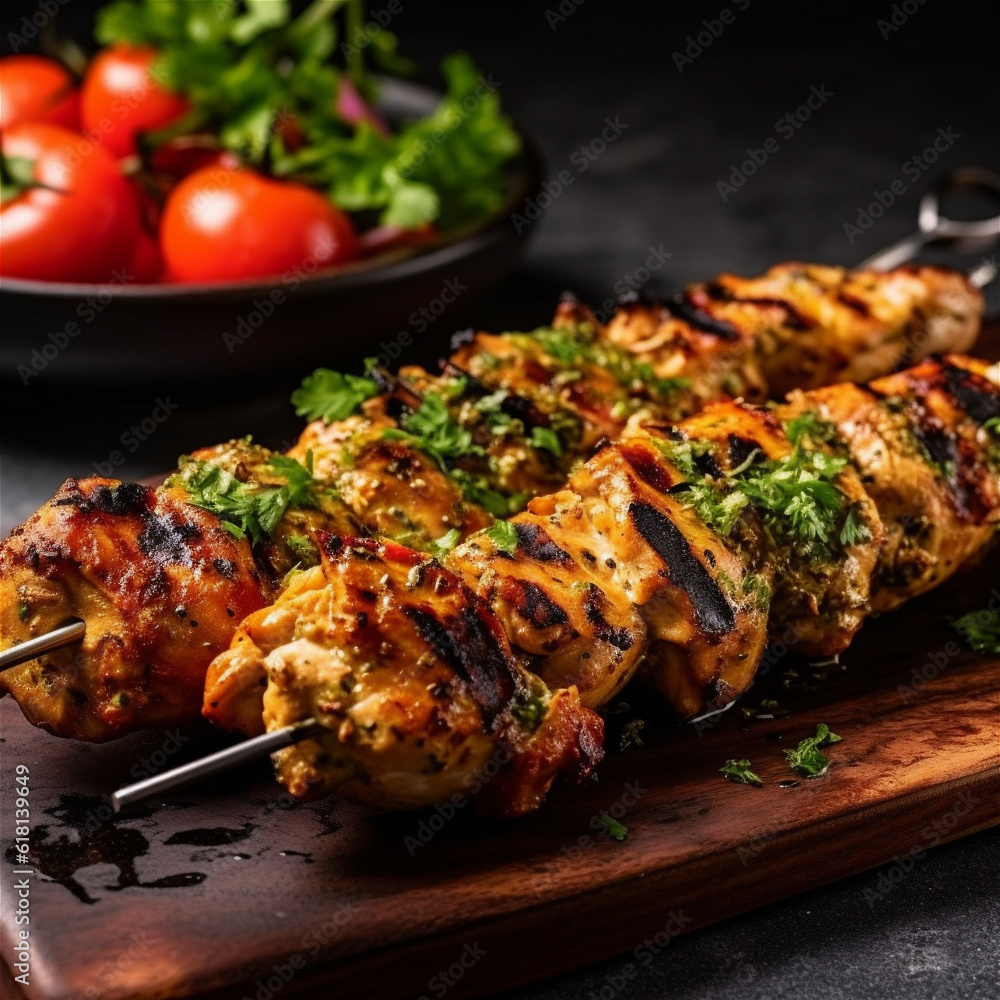 Grilled meat skewers, shish kebab on black background, AI generated Grilled meat skewers, shish kebab on black background, AI generated