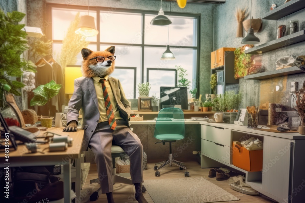 Real fox wearing suit, metaphor on the theme of types of office worker, ai tools generated image