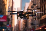 quadrocopter with a camera in the air on the background of the urban landscape, ai tools generated image