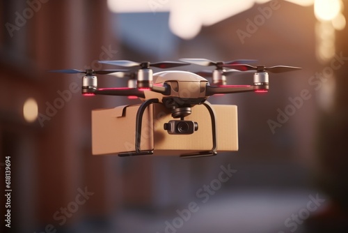 a delivery quadcopter carries a box through the air against the backdrop of a cityscape, ai tools generated image